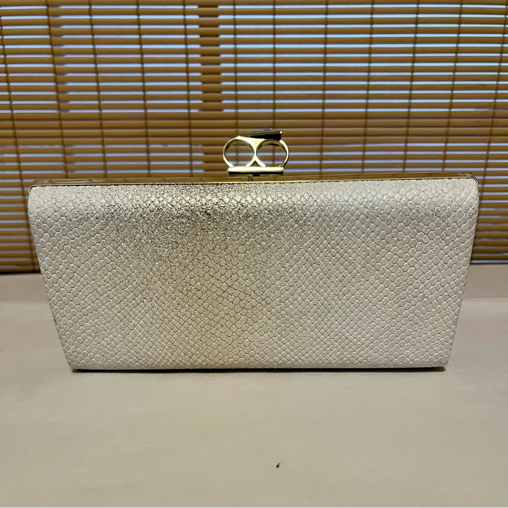 Kate Landry Elegant Silver Metallic Tone Hard Shell Clutch with Shimmery Finish